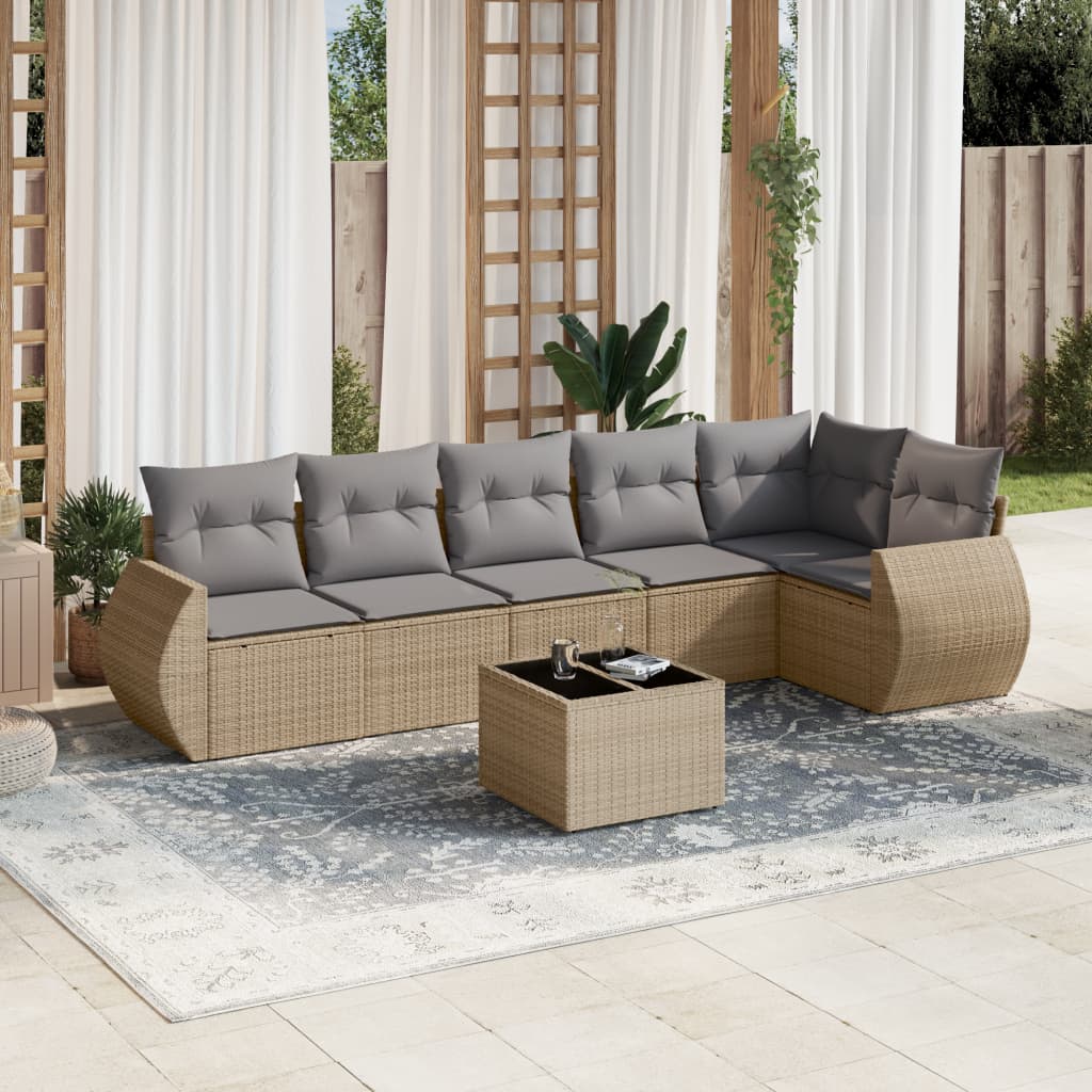 vidaXL 7-tlg. Garten-Sofagarnitur mit Kissen Beige Poly Rattan