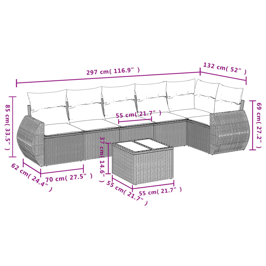 vidaXL 7-delige Loungeset met kussens poly rattan grijs