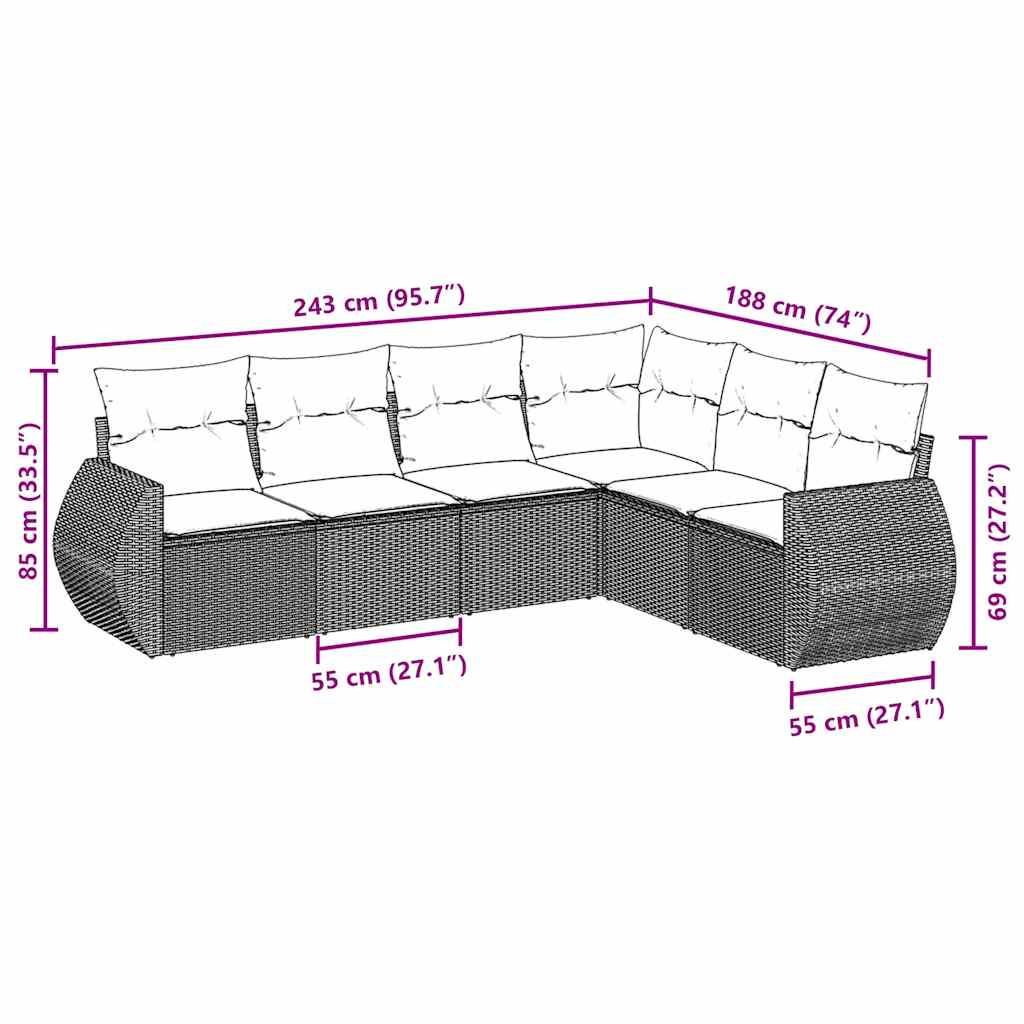 vidaXL 6-delige Loungeset met kussens poly rattan zwart afbeelding