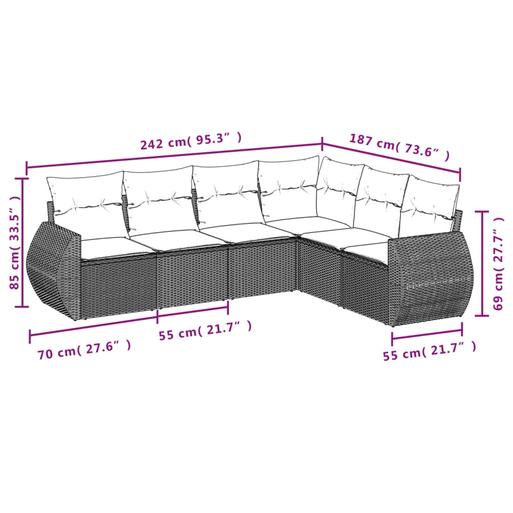 vidaXL 6-delige Loungeset met kussens poly rattan grijs afbeelding
