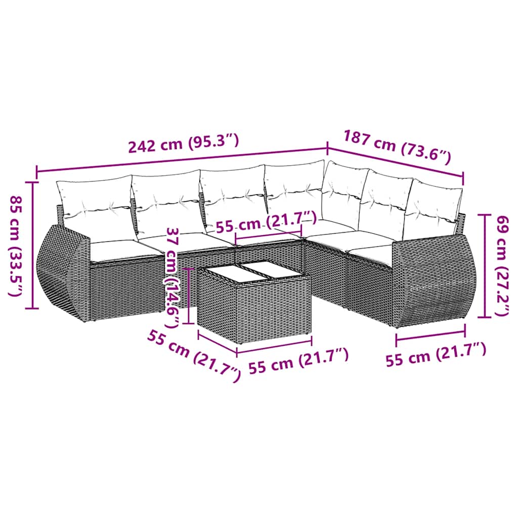 vidaXL 7-delige Loungeset met kussens poly rattan zwart afbeelding