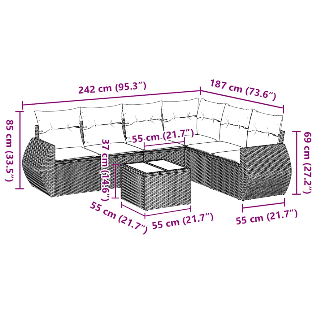 vidaXL 7-delige Loungeset met kussens poly rattan zwart afbeelding