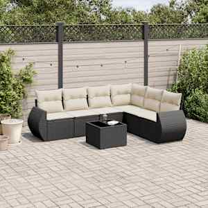 Vrtna sedežna garnitura 7-delna z blazinami črn poli ratan