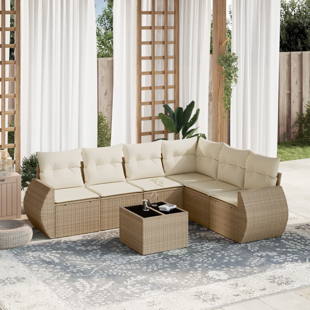 7-tlg. Garten-Sofagarnitur mit Kissen Beige Poly Rattan