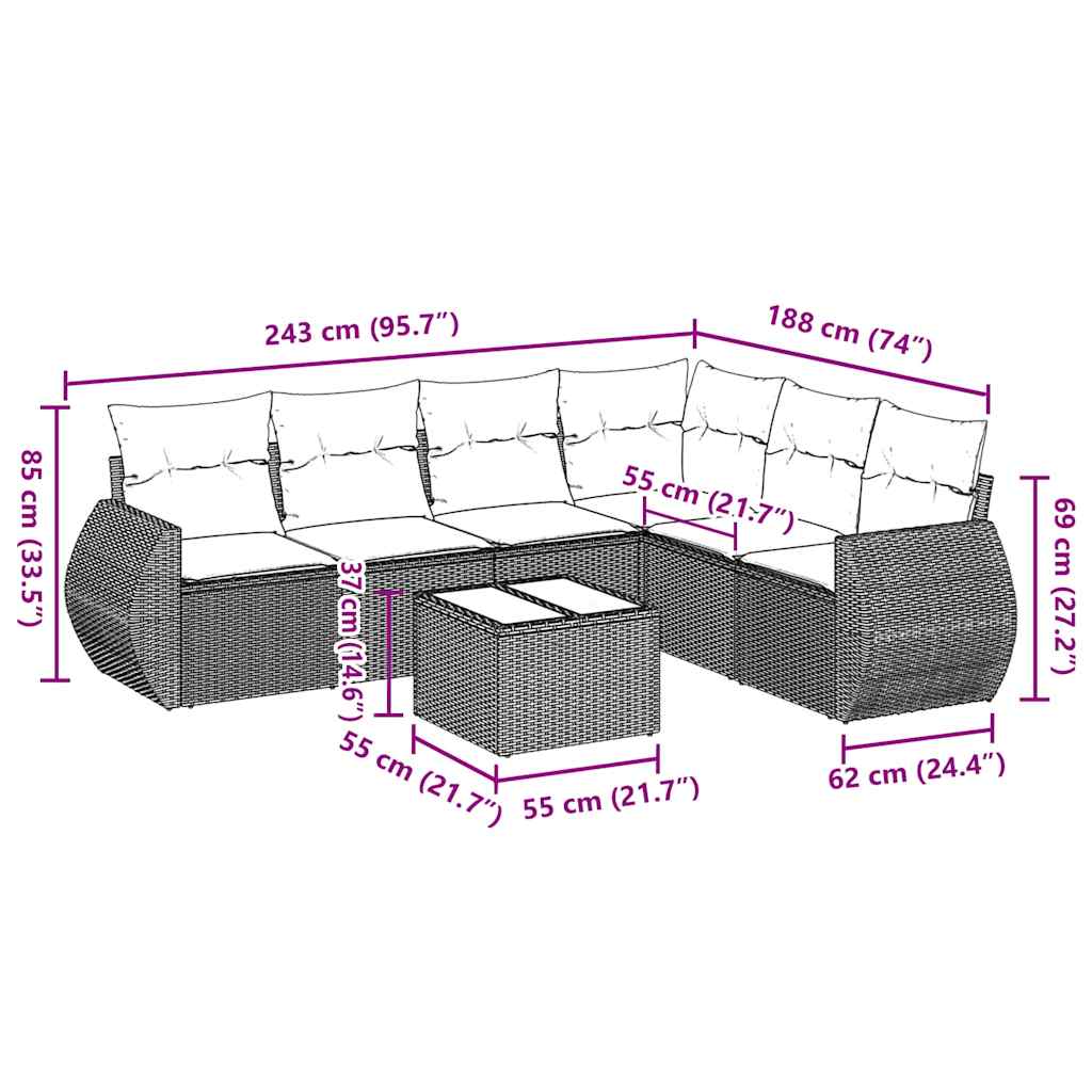 vidaXL 7-delige Loungeset met kussens poly rattan lichtgrijs afbeelding
