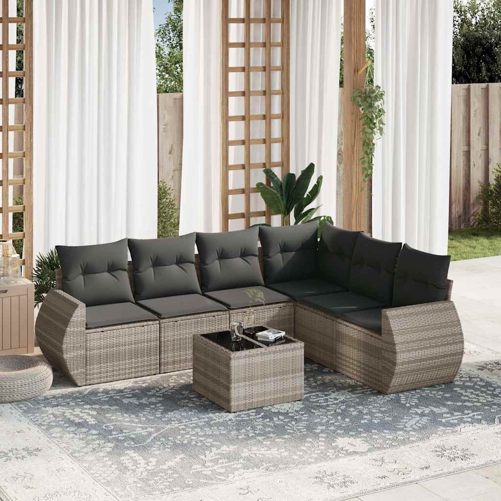 vidaXL 7-tlg. Garten-Sofagarnitur mit Kissen Hellgrau Poly Rattan