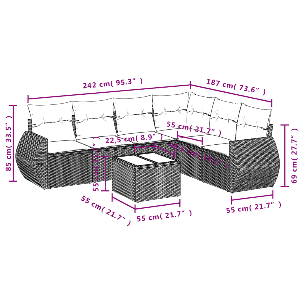 vidaXL 7-delige Loungeset met kussens poly rattan bruin