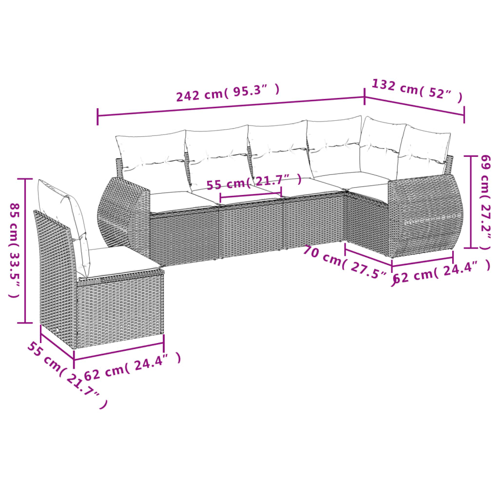 vidaXL 6-delige Loungeset met kussens poly rattan zwart afbeelding