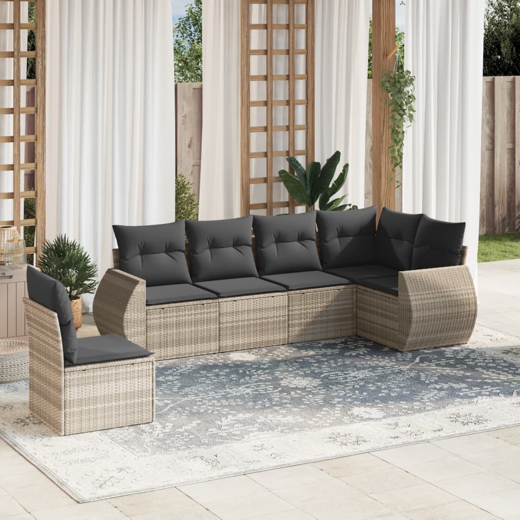 vidaXL 6-tlg. Garten-Sofagarnitur mit Kissen Hellgrau Poly Rattan