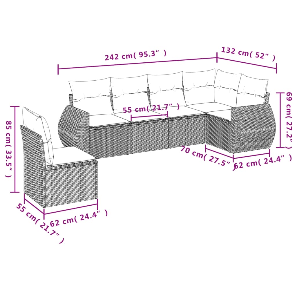 vidaXL 6-delige Loungeset met kussens poly rattan bruin