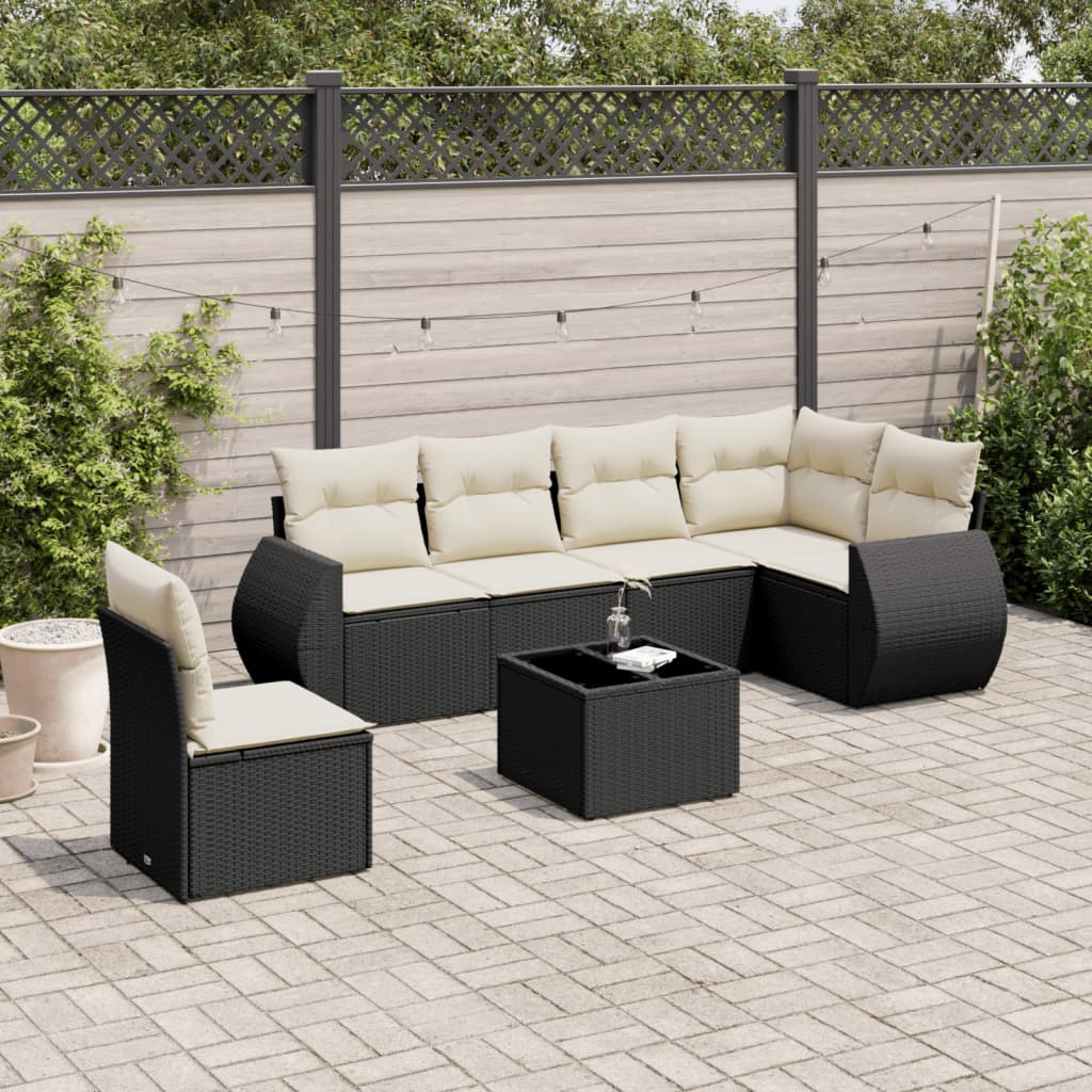 7-tlg. Garten-Sofagarnitur mit Kissen Schwarz Poly Rattan