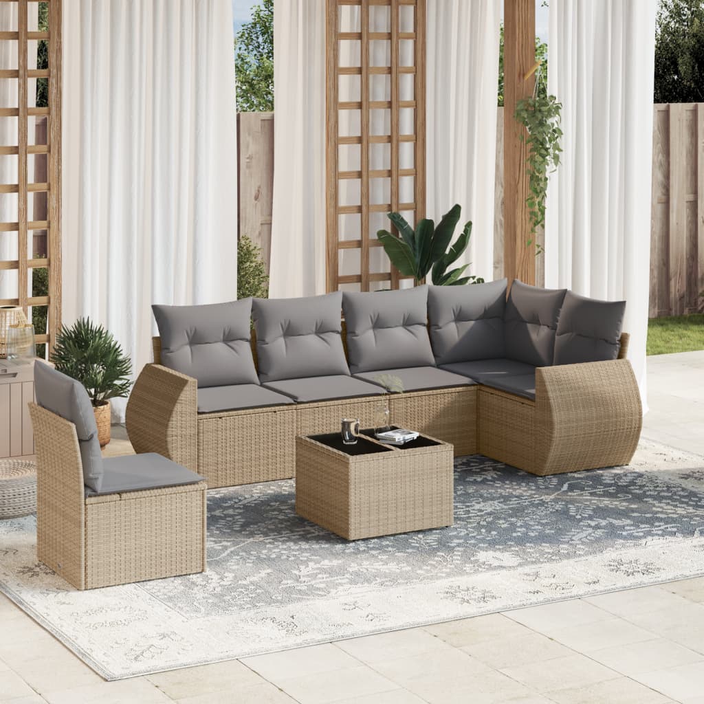 vidaXL 7-tlg. Garten-Sofagarnitur mit Kissen Beige Poly Rattan