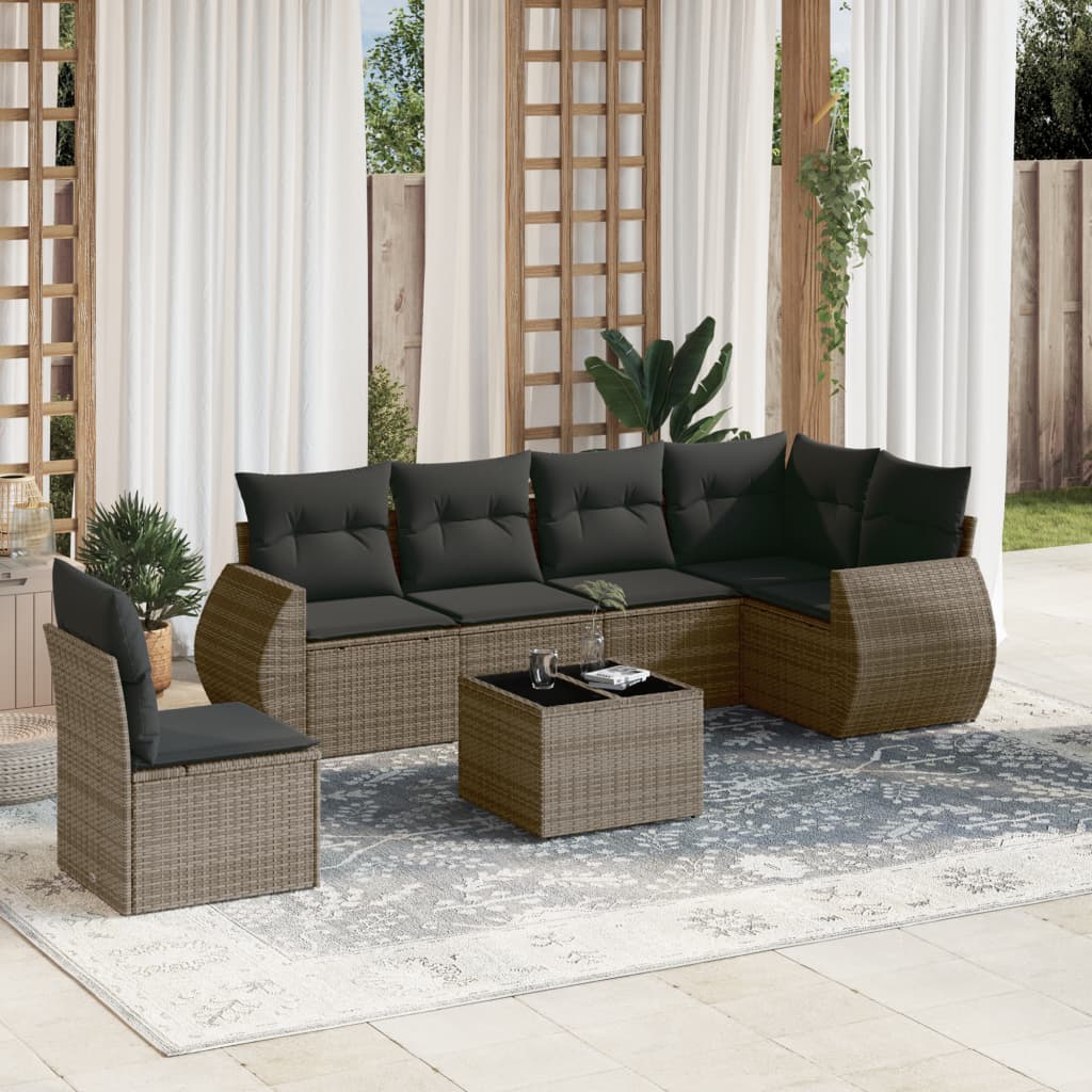 vidaXL 7-tlg. Garten-Sofagarnitur mit Kissen Grau Poly Rattan