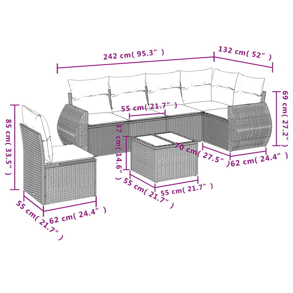 vidaXL 7-delige Loungeset met kussens poly rattan bruin