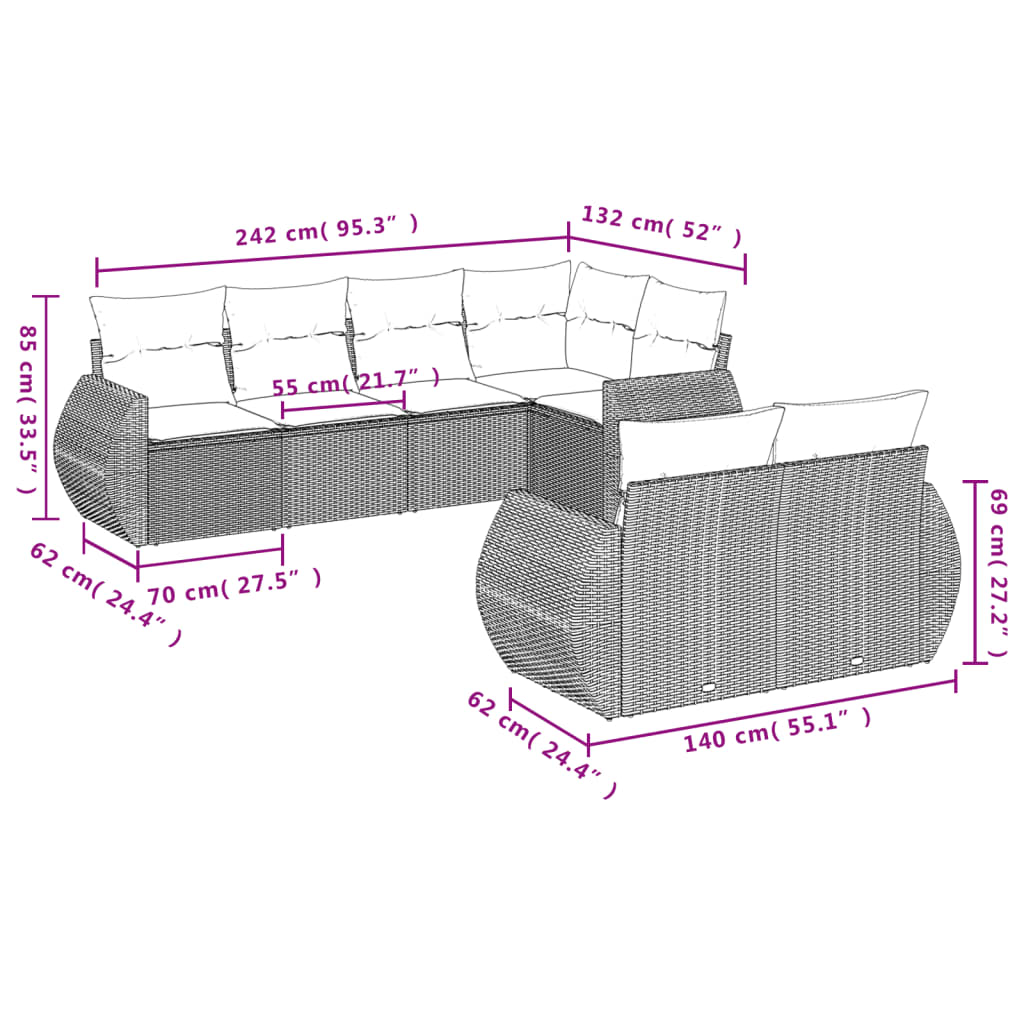 Set canapele de grădină, 7 piese, cu perne, gri, poliratan 3253947 - imagine 3