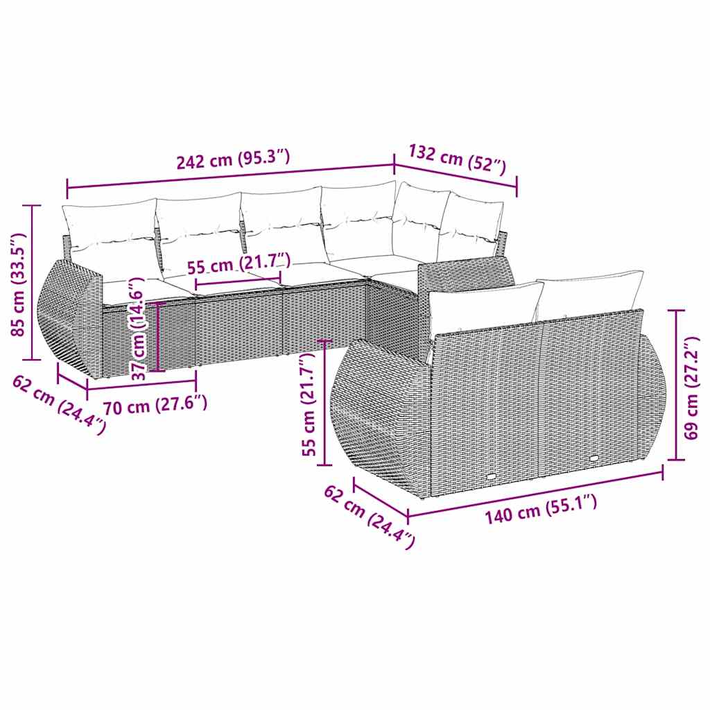 vidaXL 7-delige Loungeset met kussens poly rattan lichtgrijs afbeelding