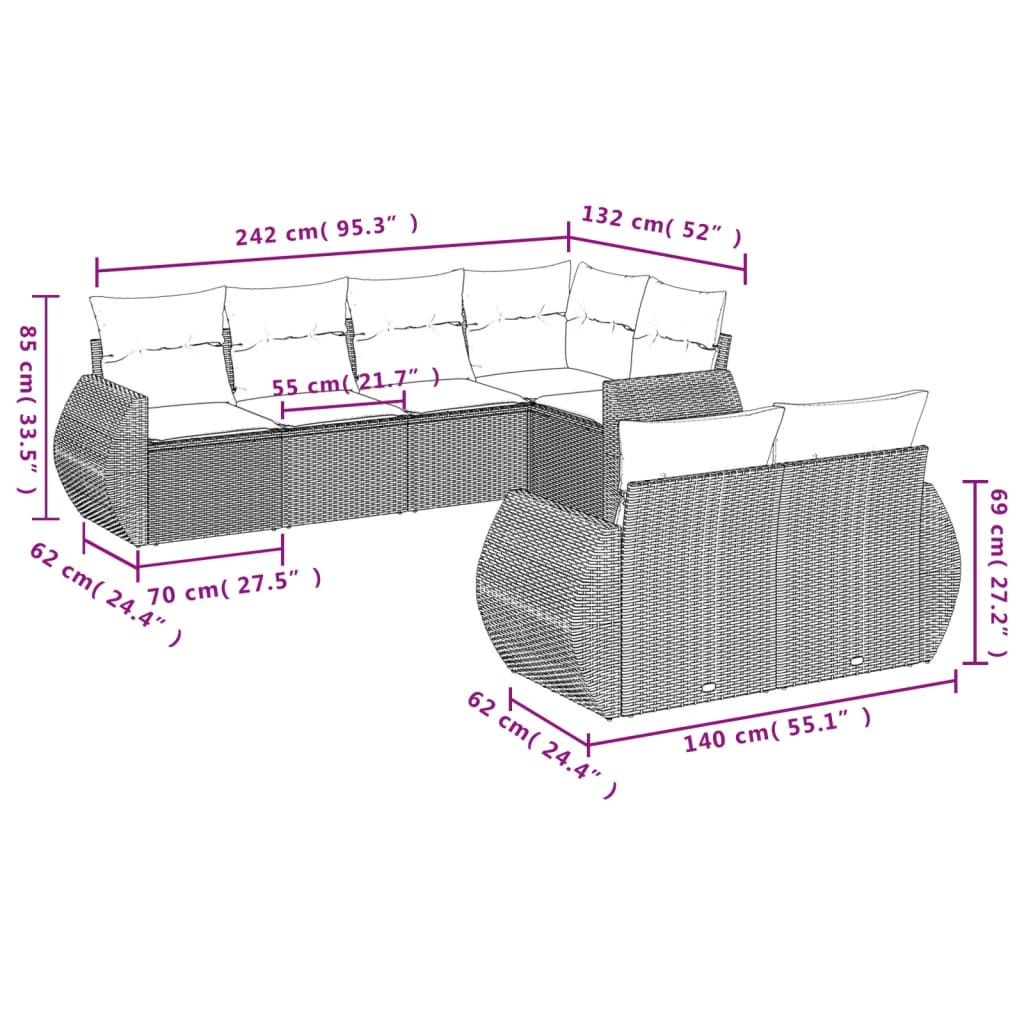 vidaXL 7-delige Loungeset met kussens poly rattan bruin