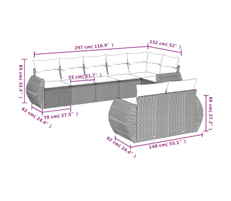vidaXL 8 pcs conjunto sof&aacute;s de jardim com almofad&otilde;es vime PE preto