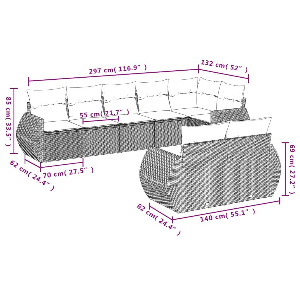 vidaXL 8-delige Loungeset met kussens poly rattan zwart afbeelding