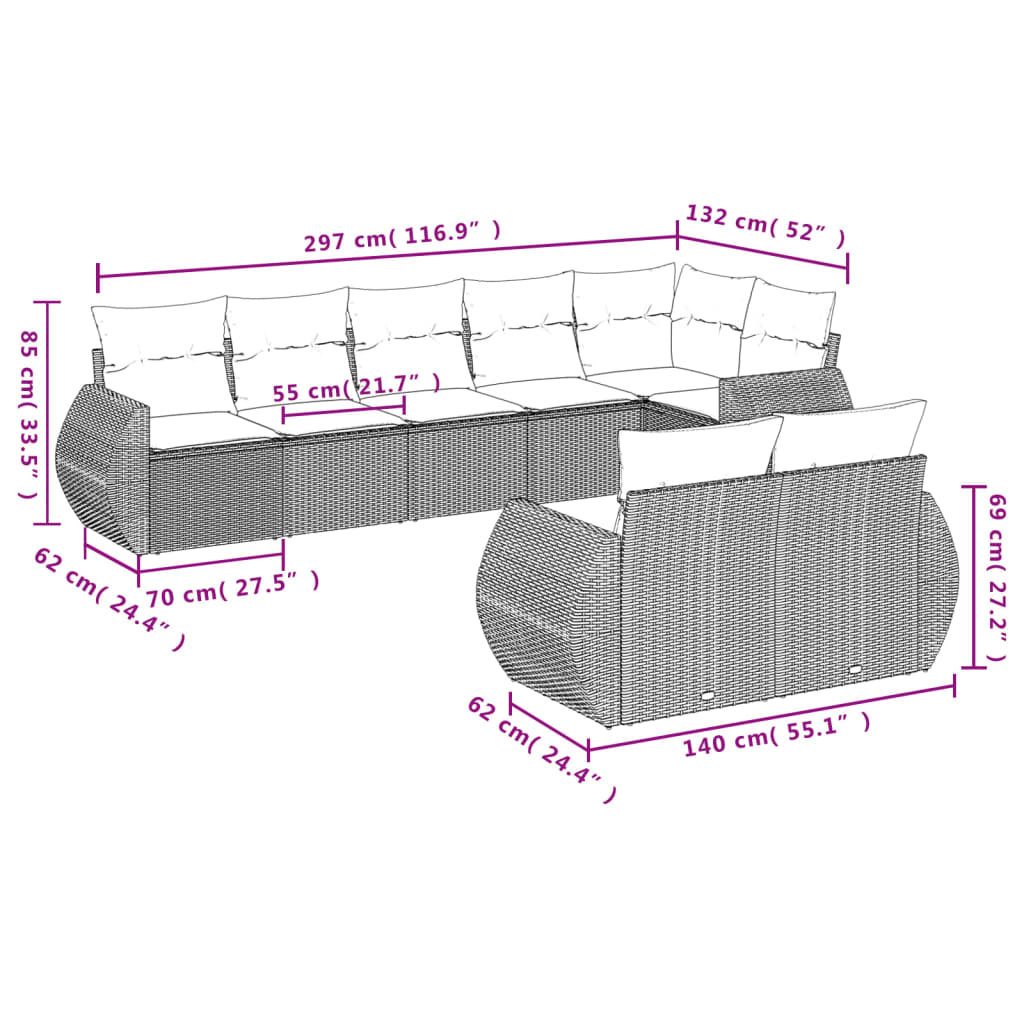 vidaXL 8-delige Loungeset met kussens poly rattan beige afbeelding