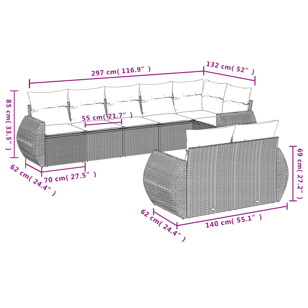 vidaXL 8-delige Loungeset met kussens poly rattan bruin