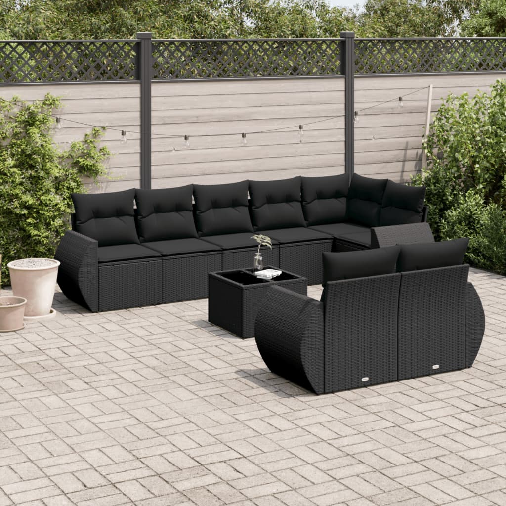 vidaXL Set mobilier de grădină cu perne, 9 piese, negru, poliratan