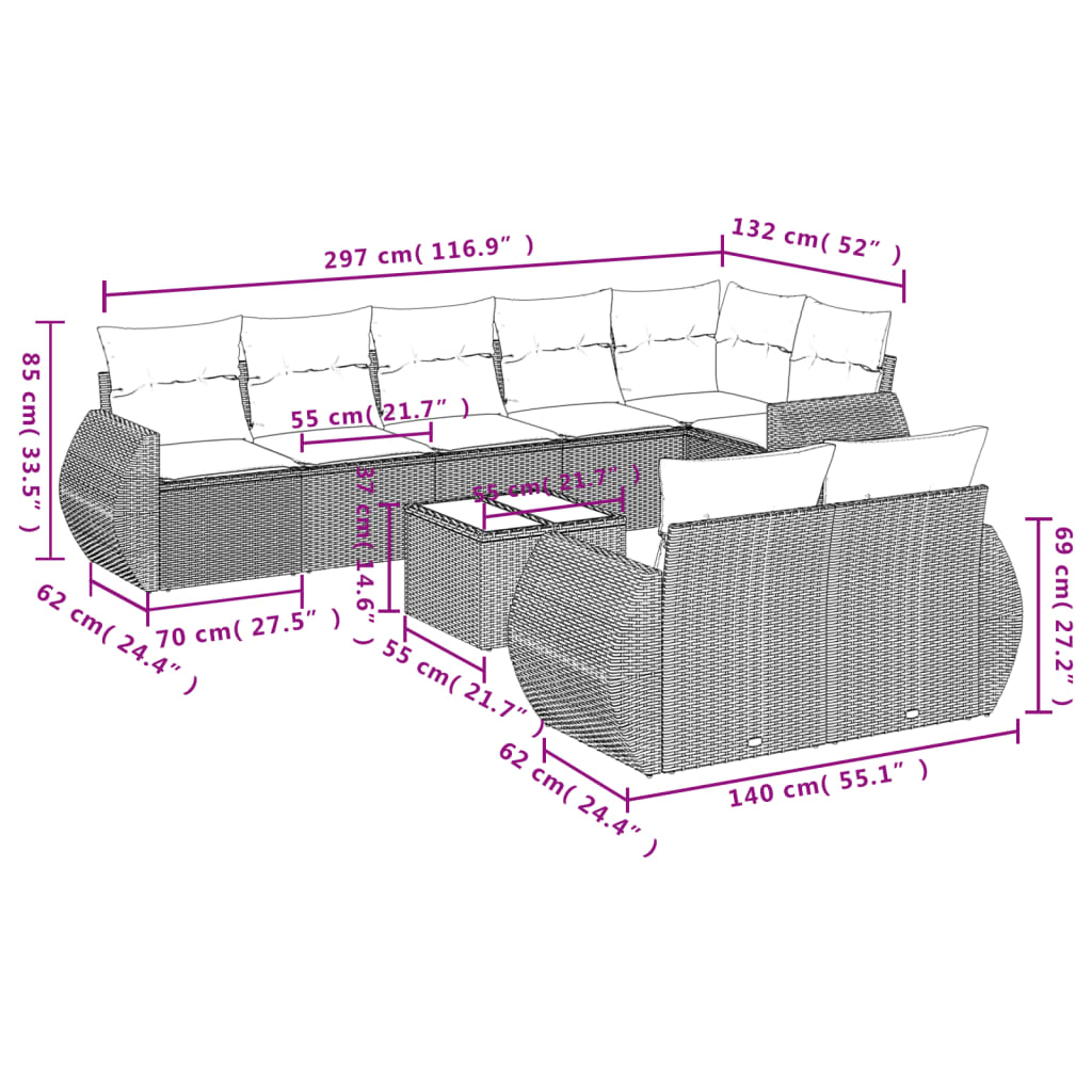 vidaXL 9-delige Loungeset met kussens poly rattan beige