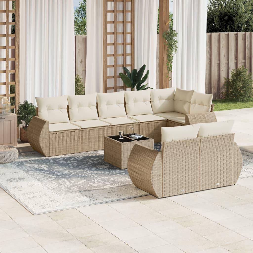 vidaXL 9-tlg. Garten-Sofagarnitur mit Kissen Beige Poly Rattan