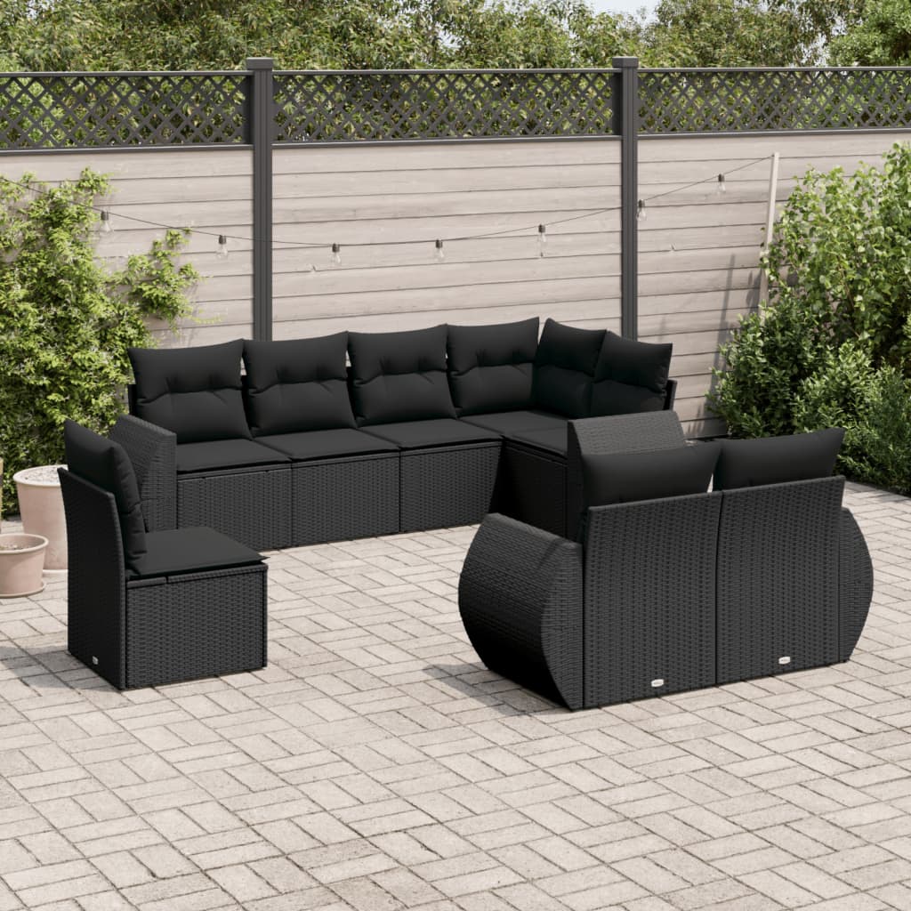 8-tlg. Garten-Sofagarnitur mit Kissen Schwarz Poly Rattan