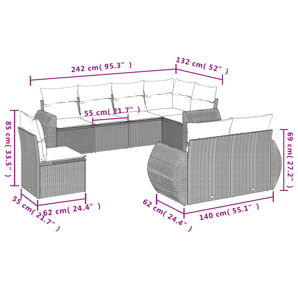 vidaXL 8-delige Loungeset met kussens poly rattan bruin