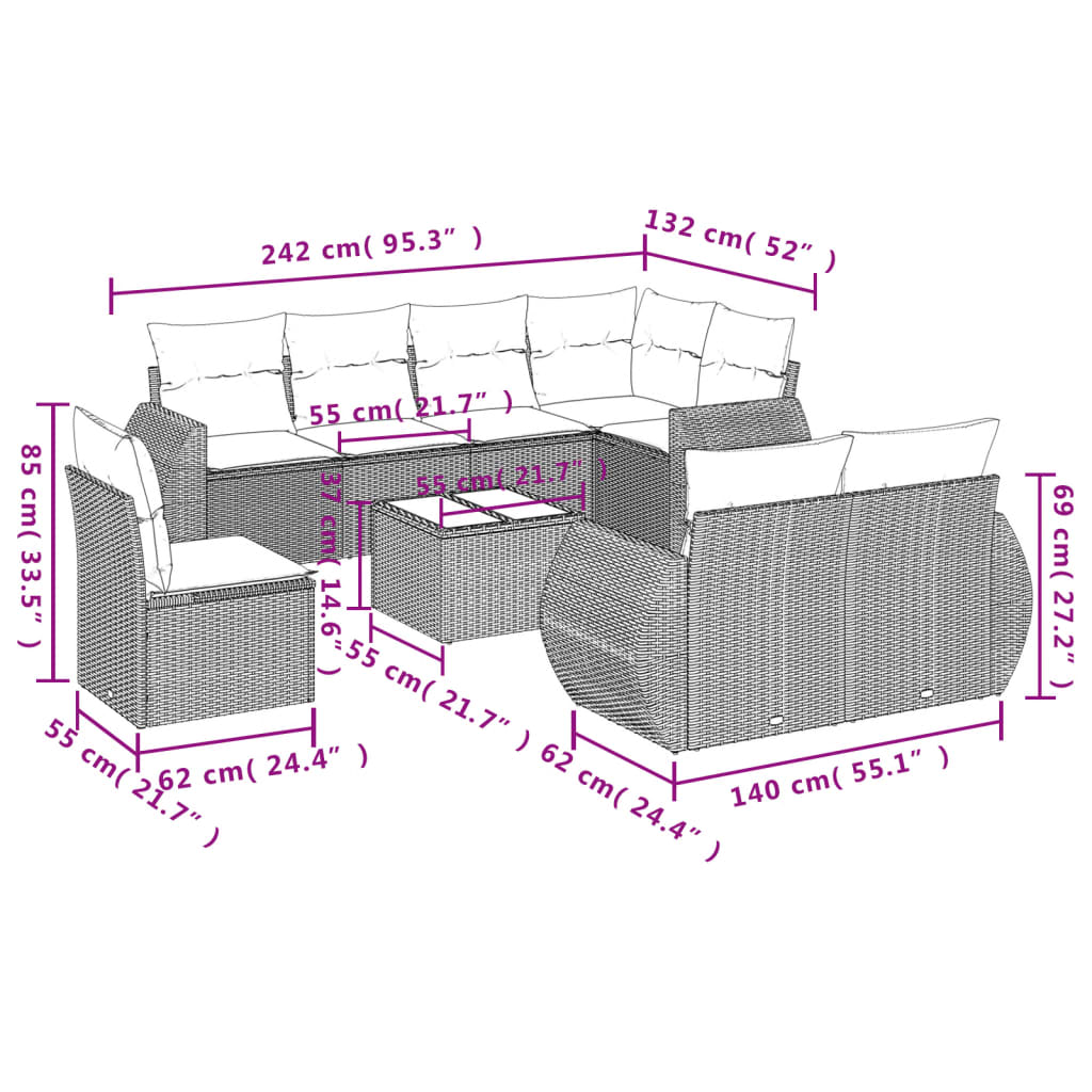 vidaXL 9-delige Loungeset met kussens poly rattan grijs