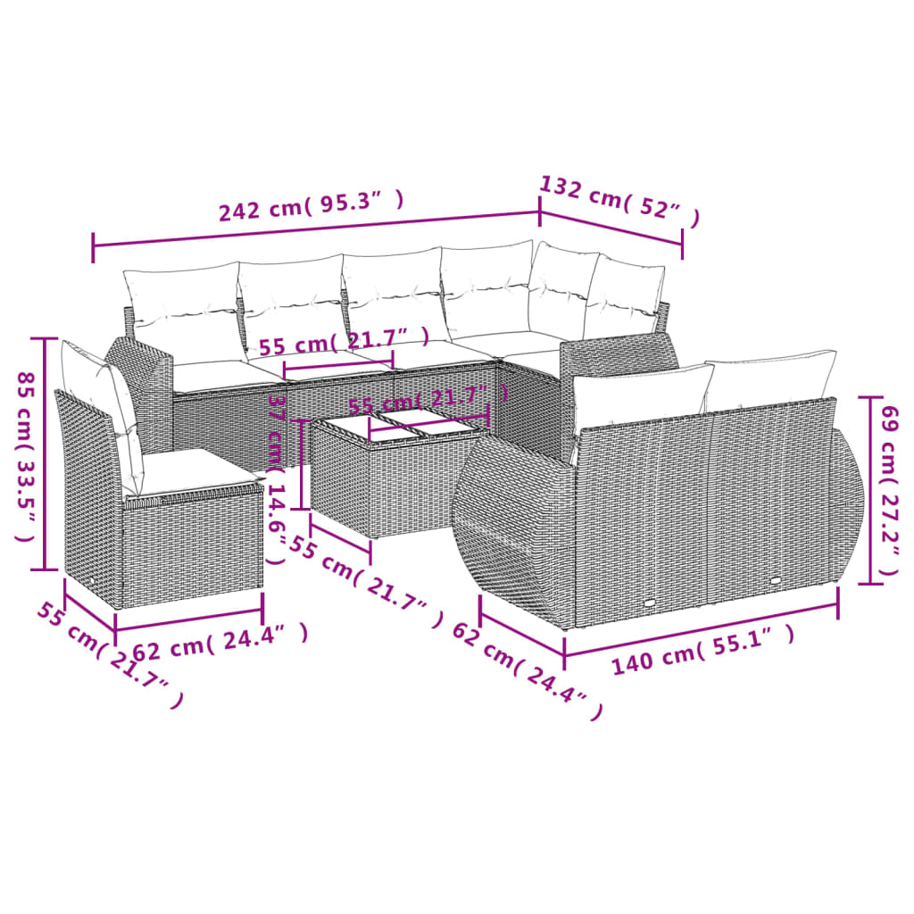 vidaXL 9-delige Loungeset met kussens poly rattan bruin