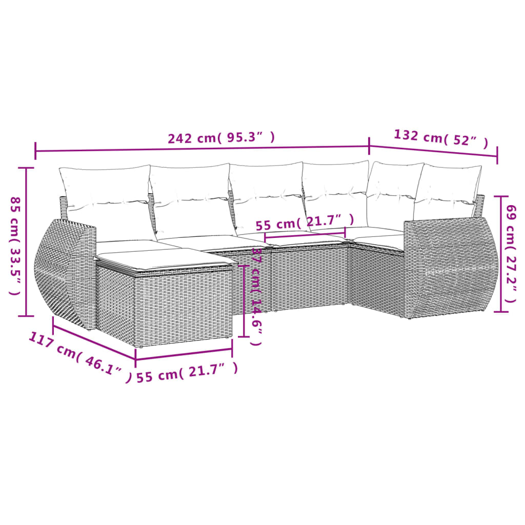 vidaXL 6-delige Loungeset met kussens poly rattan zwart afbeelding