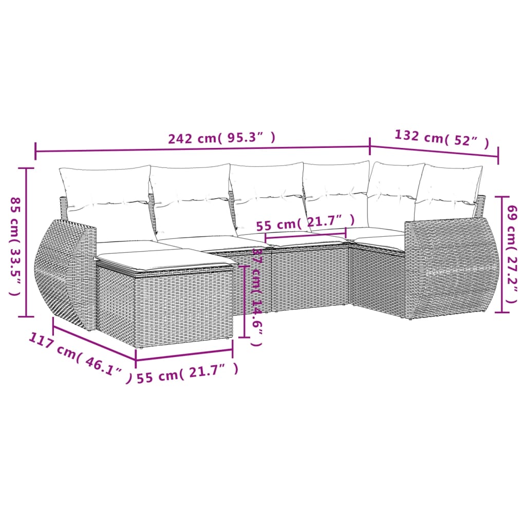 vidaXL 6-delige Loungeset met kussens poly rattan lichtgrijs afbeelding