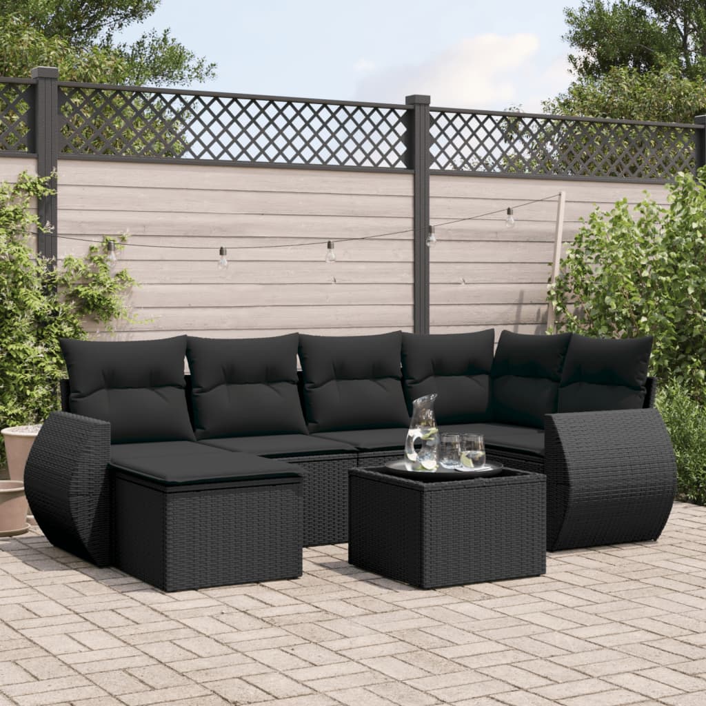 vidaXL 7-tlg. Garten-Sofagarnitur mit Kissen Schwarz Poly Rattan