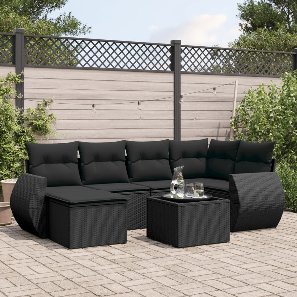Sofasæt til haven - 7 dele i sort polyrattan med hynder og opbevaring