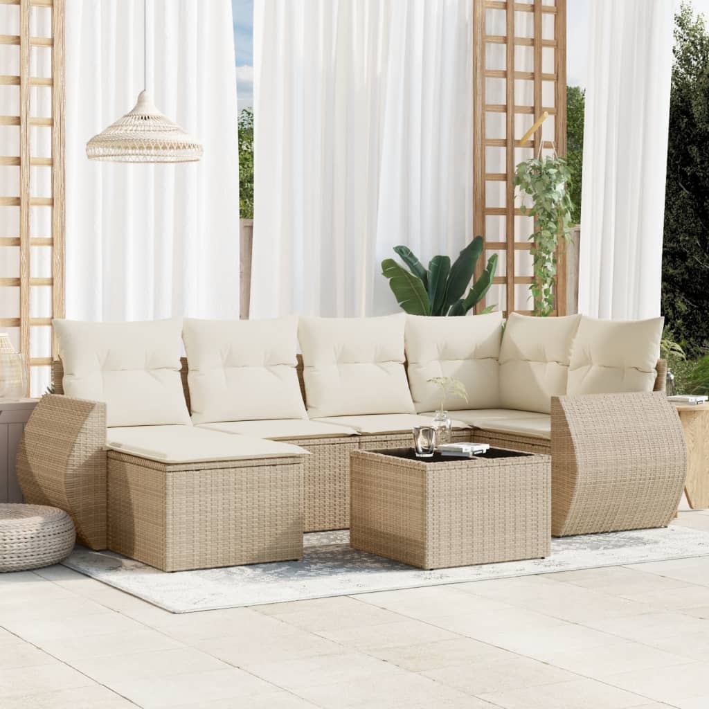 vidaXL 7-tlg. Garten-Sofagarnitur mit Kissen Beige Poly Rattan