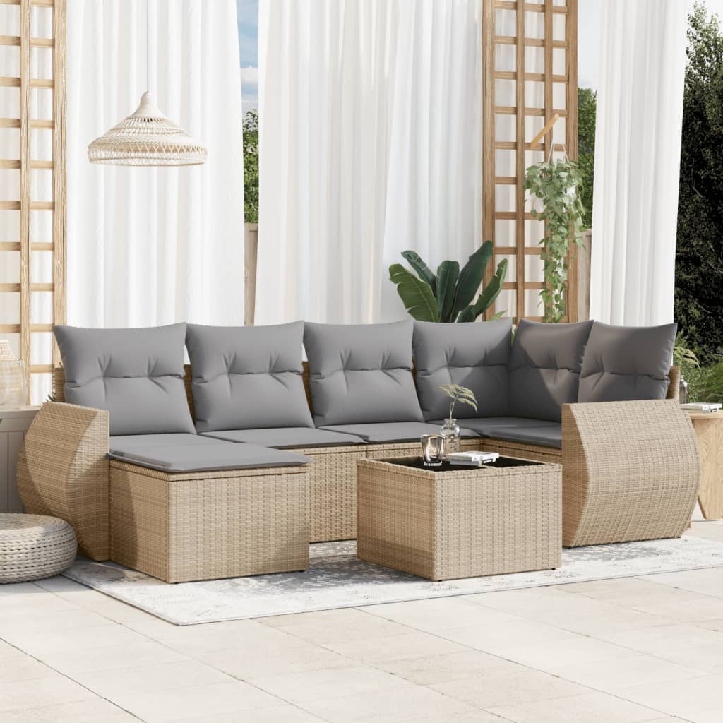 vidaXL 7-tlg. Garten-Sofagarnitur mit Kissen Beige Poly Rattan