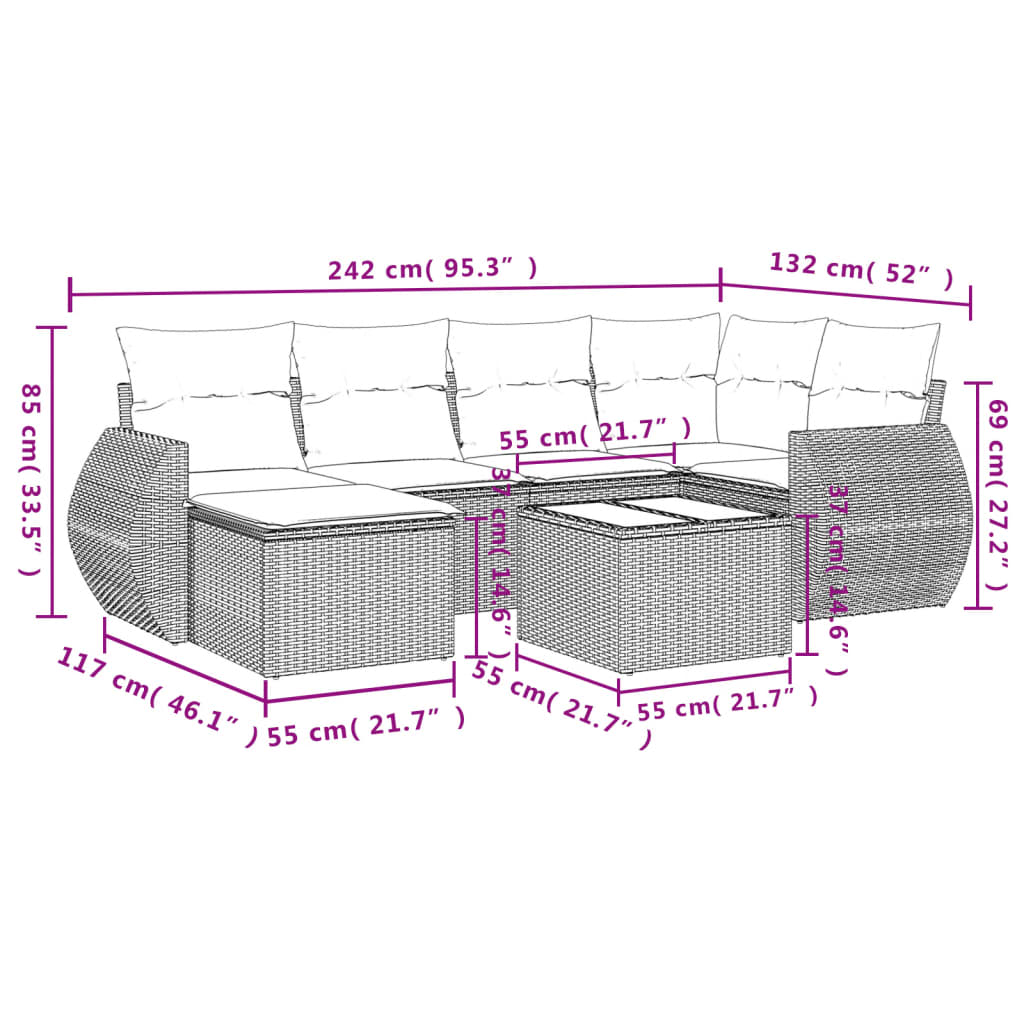 Set canapele de grădină, 7 piese, cu perne, gri, poliratan 3254007 - imagine 3