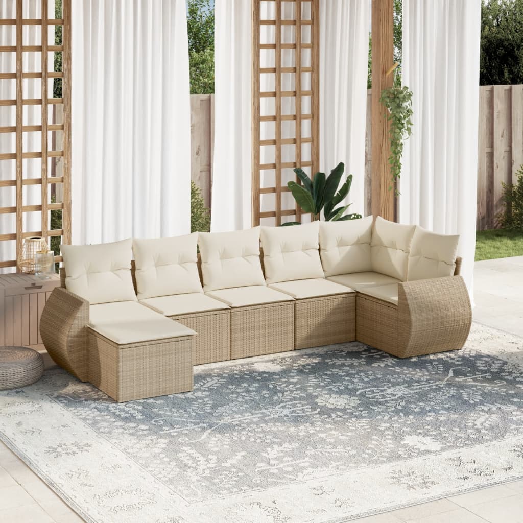 vidaXL 7-tlg. Garten-Sofagarnitur mit Kissen Beige Poly Rattan