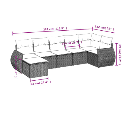 vidaXL 7 Hluta Gar&eth;s&oacute;fasett me&eth; Sessum Drapplita&eth; P&oacute;l&yacute;rattan