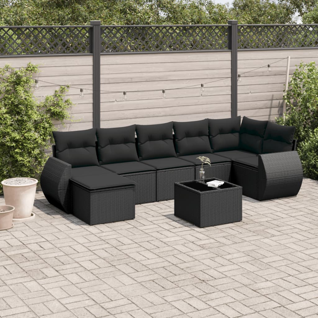 Havesofasæt i polyrattan - 8 dele med hynder og opbevaring, sort