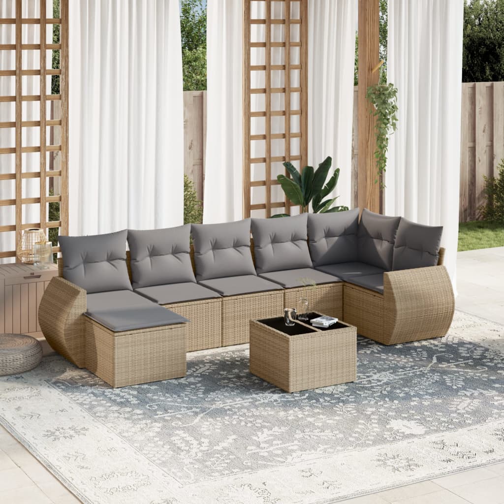 vidaXL 8-tlg. Garten-Sofagarnitur mit Kissen Beige Poly Rattan