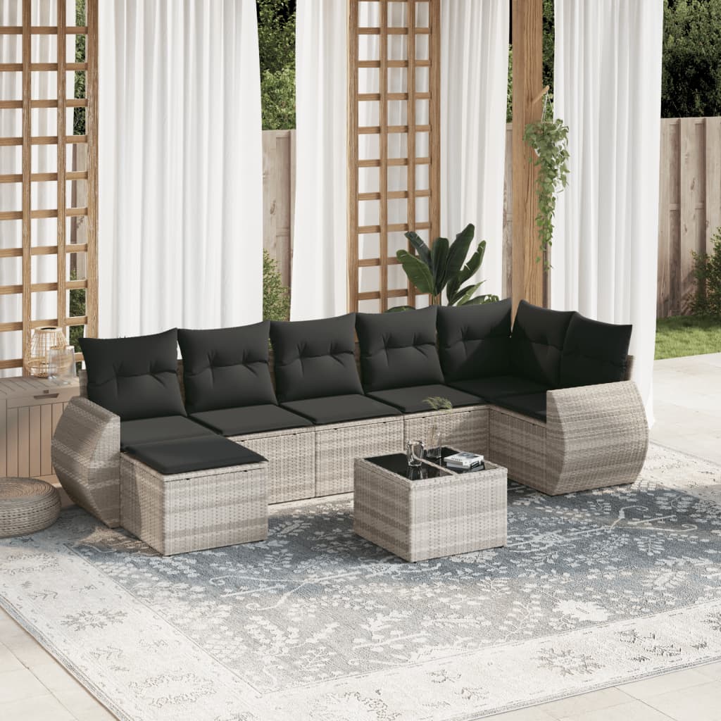 8-tlg. Garten-Sofagarnitur mit Kissen Hellgrau Poly Rattan