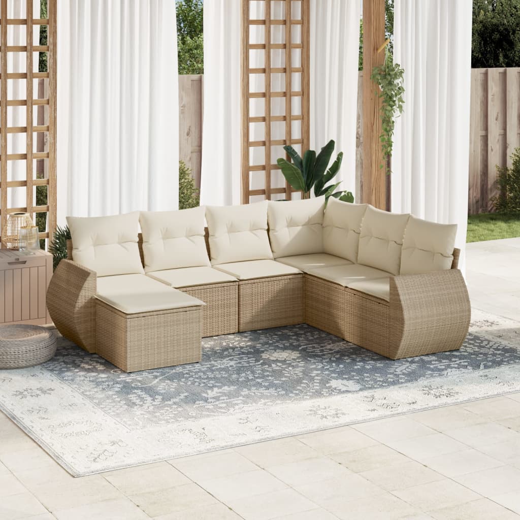 vidaXL 7-tlg. Garten-Sofagarnitur mit Kissen Beige Poly Rattan