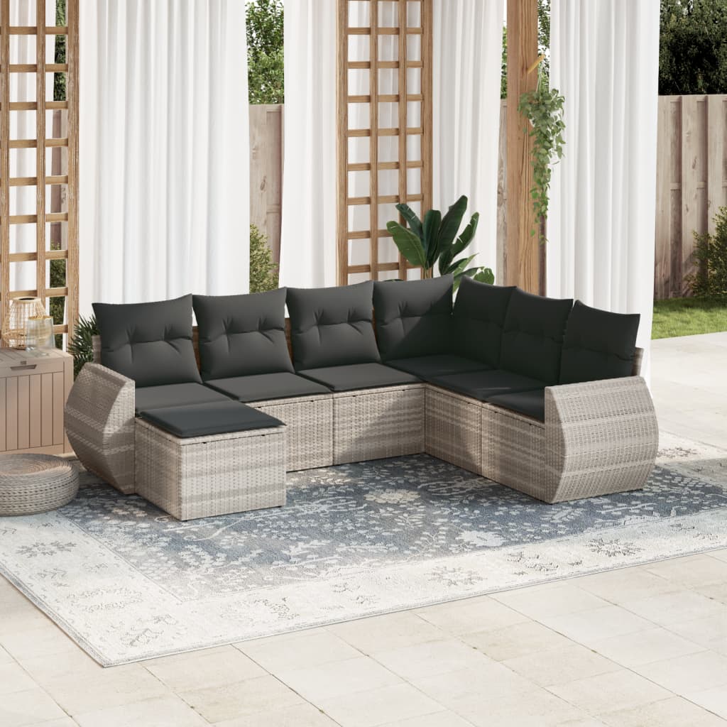 vidaXL 7-tlg. Garten-Sofagarnitur mit Kissen Hellgrau Poly Rattan