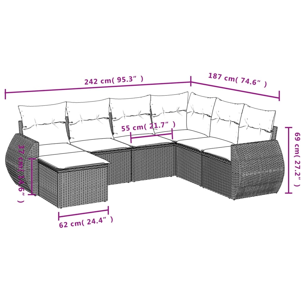 vidaXL 7-delige Loungeset met kussens poly rattan bruin