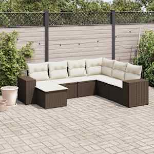 Vrtna sedežna garnitura 7-delna z blazinami rjav poli ratan