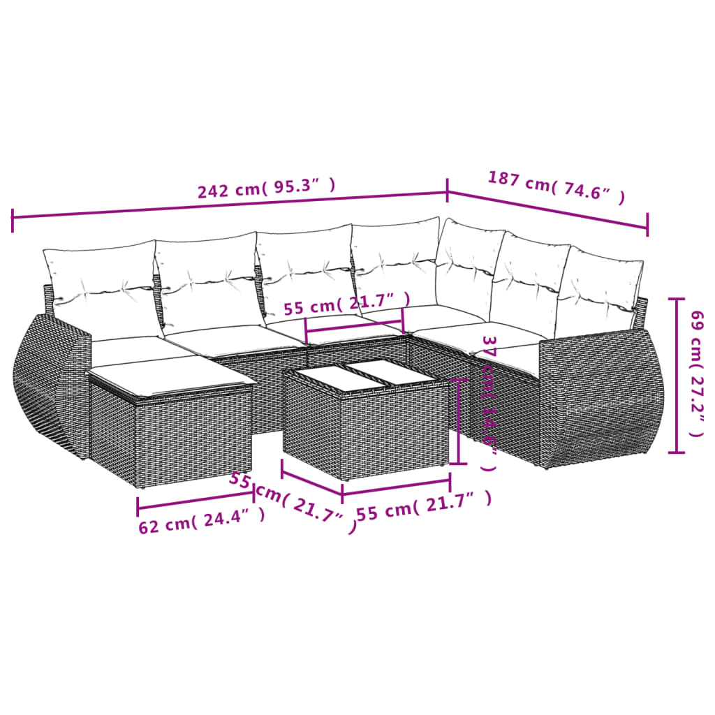 vidaXL 8-delige Loungeset met kussens poly rattan zwart afbeelding