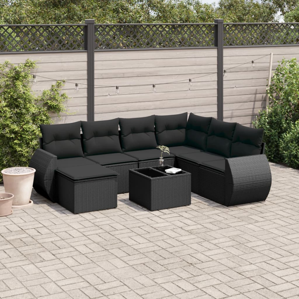 vidaXL 8-tlg. Garten-Sofagarnitur mit Kissen Schwarz Poly Rattan